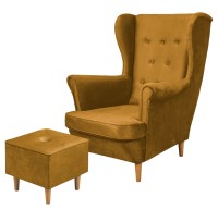 Zestaw skandynawski fotel uszak z podnóżkiem Floki złoty - internetowy sklep meblowy Bird Meble