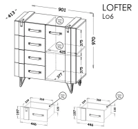 Szkic wnętrza oraz prezentacja wymiarów komody L06 Lofter
