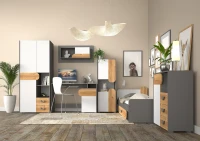 Meble z serii Carini w kolorze Dąb Nash/Biały Brylantowy/Grafit to doskonały pomysł na urządzenie młodzieżowego pokoju.