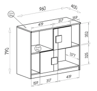 Rysunek techniczny przedstawia długość, głębokość oraz szerokość złożonej komody Gumi G19.