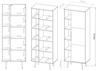 Rysunek techniczny przedstawia wymiary złożonego regału do salonu o wysokości 70c, Pinelli PN-03.