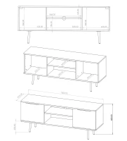 Rysunek techniczny przedstawia długość, głębokość oraz szerokość poszczególnych elementów szafki RTV Pinelli PN-04.