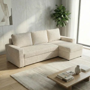 Narożnik z funkcją spania do salonu NIRVANA gruby sztruks kremowy