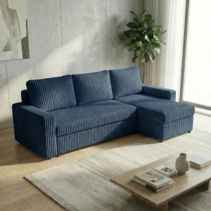 Narożnik z funkcją spania do salonu NIRVANA gruby sztruks niebieski