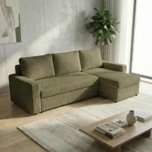 Narożnik z funkcją spania do salonu NIRVANA PLUS gruby sztruks zielony