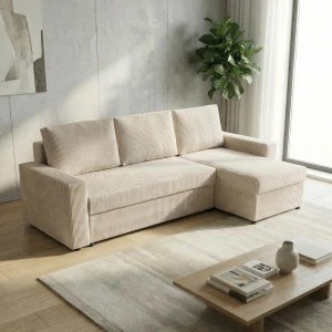 Nowoczesny Narożnik z funkcją spania do salonu NIRVANA sztruks kremowy