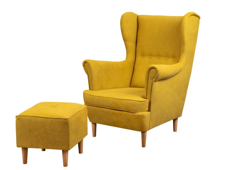 Fotel uszak skandynawski z podnóżkiem do salonu Denver żółty - internetowy sklep meblowy Bird Meble