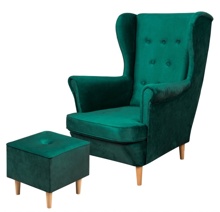 Zestaw skandynawski fotel uszak z podnóżkiem Floki ciemny zielony - internetowy sklep meblowy Bird Meble