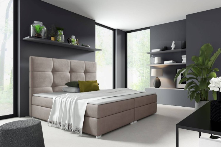 łóżko kontynentalne 160x200 z pojemnikiem tapicerowane do sypialni z materacem beżowe Harry 1 internetowy sklep meblowy Birdmeble