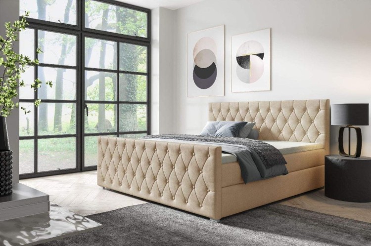 łóżko kontynentalne 160x200 z pojemnikiem do sypialni tapicerowane z materacem beżowe Nadia front internetowy sklep meblowy Birdmeble