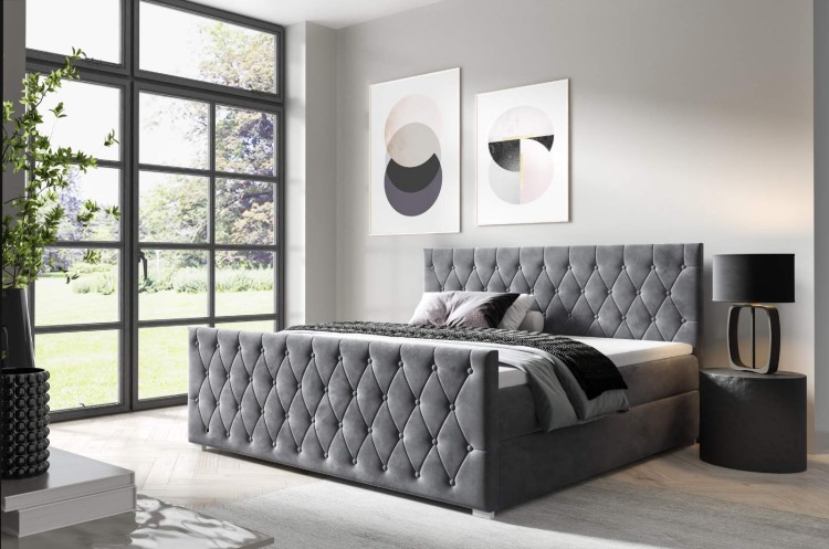 łóżko kontynentalne 160x200 z pojemnikiem do sypialni tapicerowane z materacem szare Nadia front internetowy sklep meblowy Birdmeble