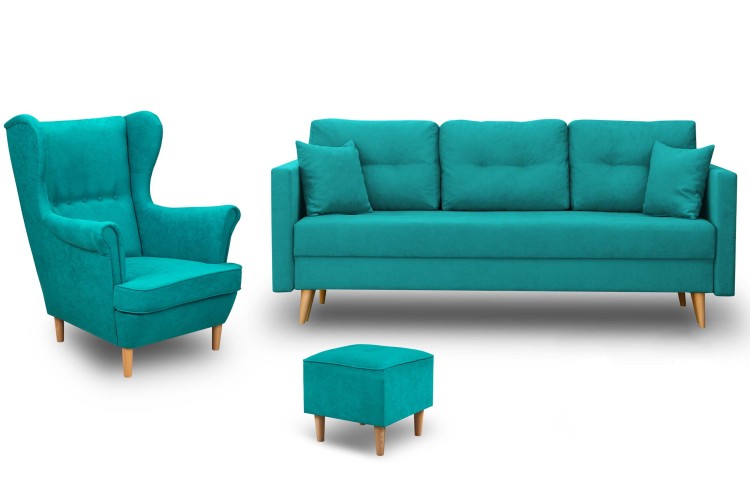 Zestaw mebli skandynawski do salonu kanapa z fotelem i pufą turkusowy - internetowy sklep meblowy Birdmeble