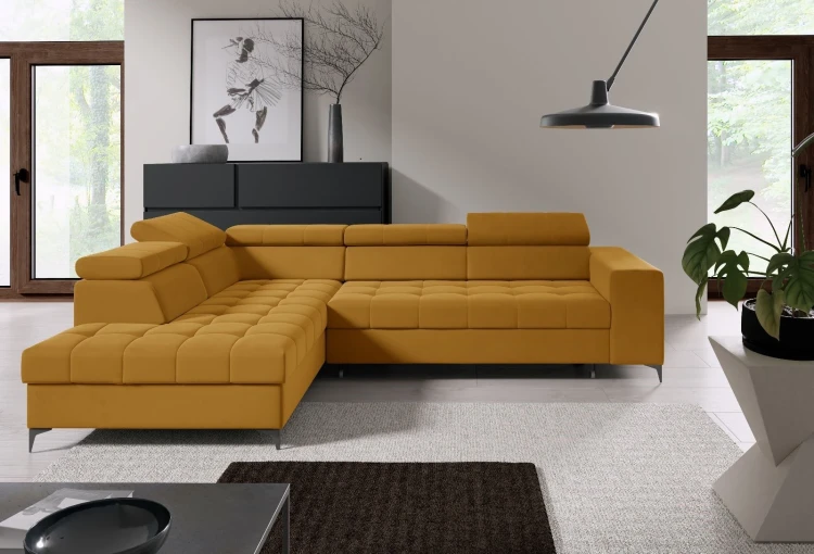 Duży narożnik z funkcją spania codziennego do salonu z pojemnikiem Forst żółty musztardowy lewy - internetowy sklep meblowy Bird Meble