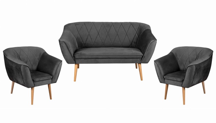 Zestaw wypoczynkowy skandynawski sofa dwuosobowa 2 fotele Rosa grafitowy - internetowy sklep meblowy Bird Meble