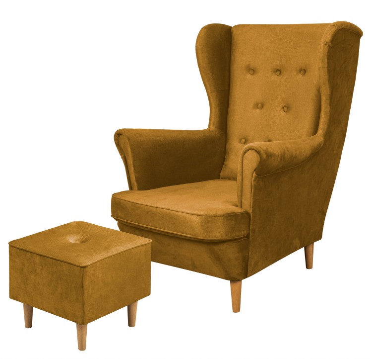 Zestaw skandynawski fotel uszak z podnóżkiem Floki złoty - internetowy sklep meblowy Bird Meble