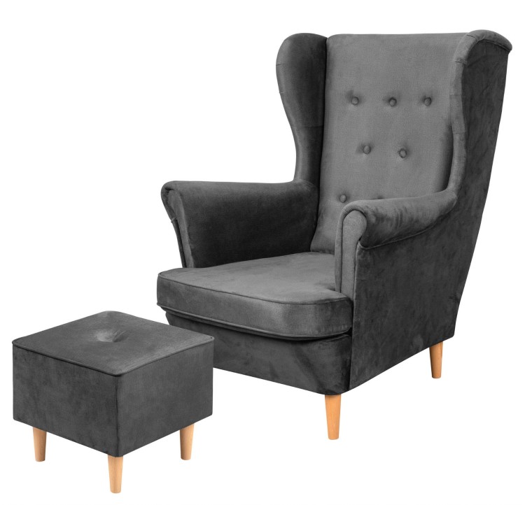Zestaw skandynawski fotel uszak z podnóżkiem Floki grafitowy - internetowy sklep meblowy Bird Meble