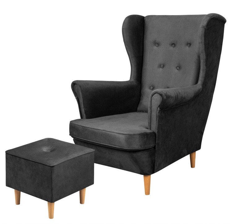 Zestaw skandynawski fotel uszak z podnóżkiem Floki antracytowy - internetowy sklep meblowy Bird Meble