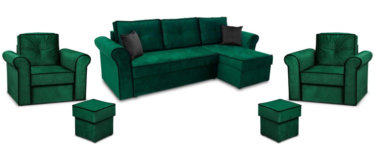 Komplet wypoczynkowy do salonu narożnik Trevor i 2x fotel z pufą ciemny zielony - internetowy sklep meblowy BirdMeble
