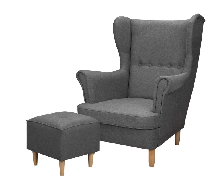 Fotel uszak skandynawski z podnóżkiem do salonu Denver grafitowy - internetowy sklep meblowy Bird Meble