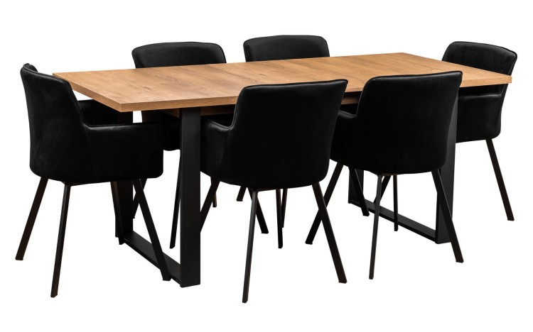 Stół industrialny w stylu loftowym i sześć krzeseł loft tapicerowane czarne