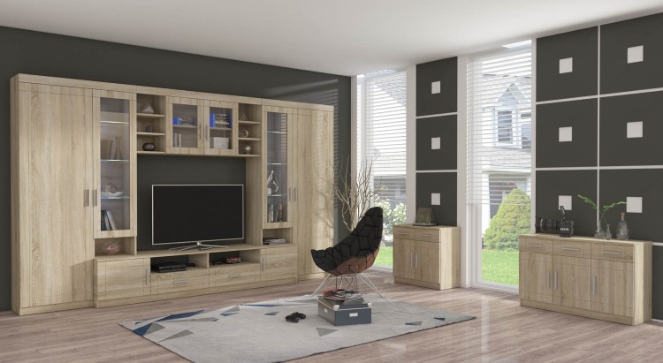 Meblościanka z witryną Paris SO01 z 2 komodami 3D 2S i 2D 2S Dąb Sonoma