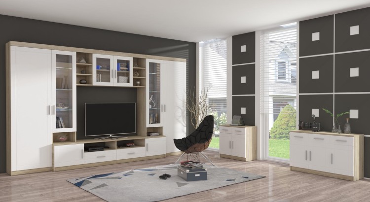 Meblościanka z witryną Paris WH01 z 2 komodami 3D 2S i 2D 2S Biały/Dąb Sonoma