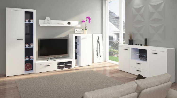 Meblościanka do salonu Rumba WH01 z komodą WH20 2D 2S Biały LED