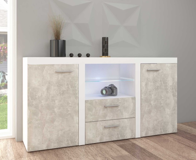Komoda z 2 szufladami do salonu Rumba BJ20 2D 2S Jasny Beton + LED