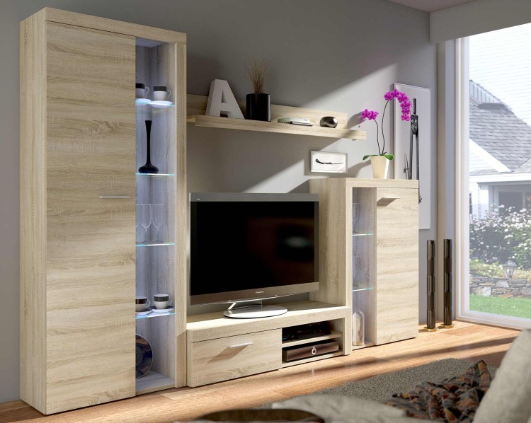 Meblościanka do salonu Rumba SO01 Dąb Sonoma + LED