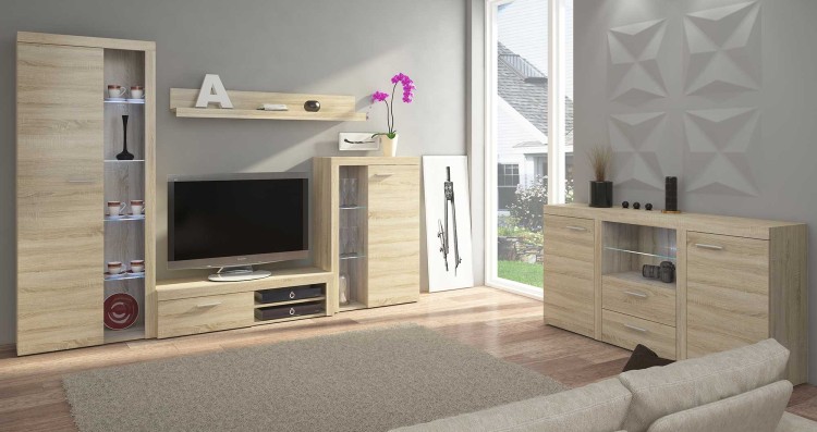 Meblościanka do salonu Rumba SO01 z komodą SO20 2D 2S Dąb Sonoma + LED