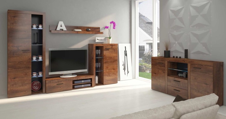 Meblościanka do salonu Rumba DL01 z komodą DL20 2D 2S Dąb Lefkas + LED