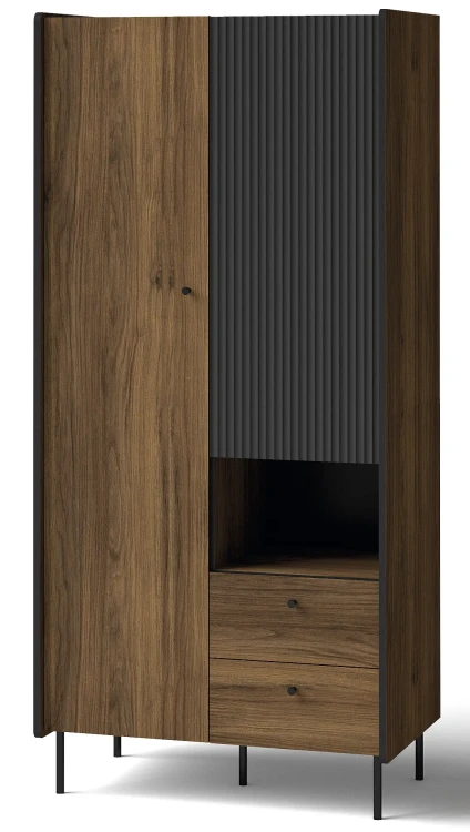 Szafa z szufladami do salonu z dwoma drzwiami Prestigo P1 2D2S w kolorze czarnym/orzech/San Sebastian dostępna w internetowym sklepie meblowym BIRD Meble