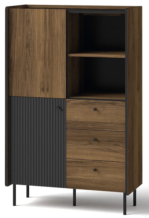 Regał do salonu z szufladami i dwoma drzwiami Prestigo P4 2D3S w kolorze czarnym/orzech/San Sebastian