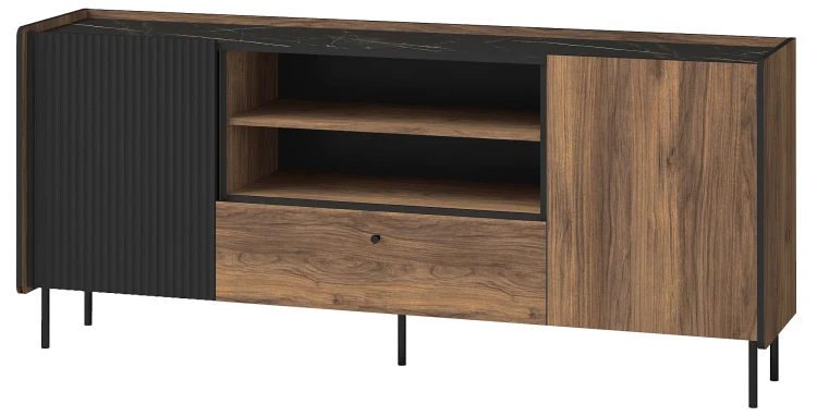 Komoda z szufladą do salonu Prestigo P16 na wysokich nóżkach w kolorze czarnym/orzech/San Sebastian