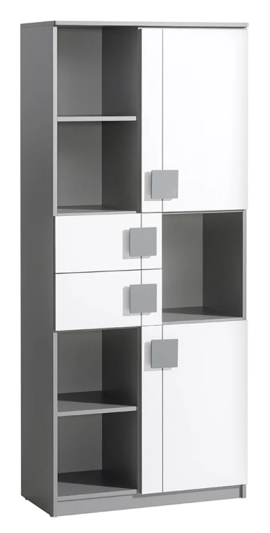 Regał półotwarty z szufladami Gumi do pokoju dziecka G2 w kolorze Biały/Antracyt.