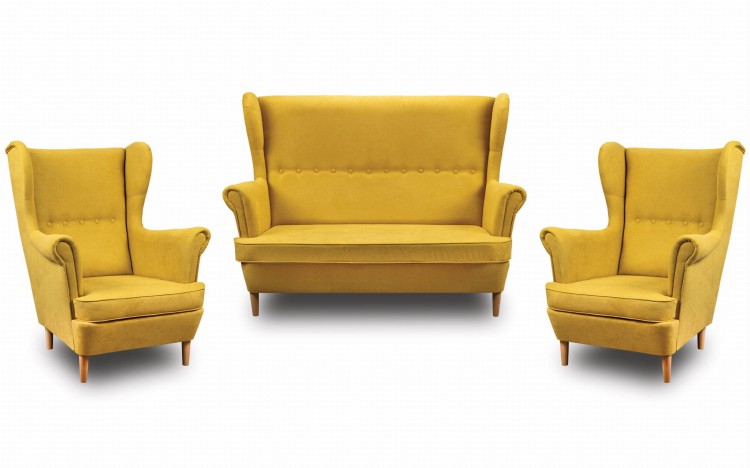 Zestaw wypoczynkowy skandynawski sofa uszak + 2x fotel uszak żółty - internetowy sklep meblowy Bird Meble