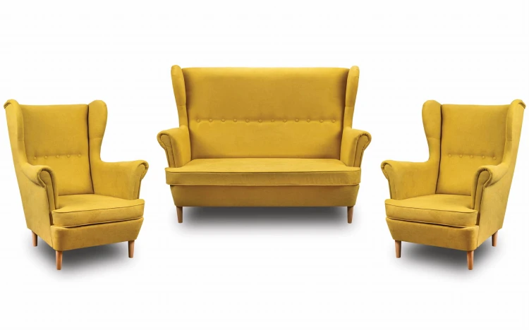 Zestaw wypoczynkowy skandynawski sofa uszak + 2x fotel uszak żółty - internetowy sklep meblowy Bird Meble