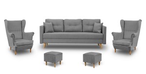 Komplet wypoczynkowy skandynawski do salonu sofa + 2 fotele z podnóżkami Szary