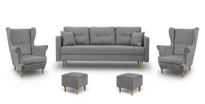 Komplet wypoczynkowy skandynawski do salonu sofa + 2 fotele z podnóżkami Szary