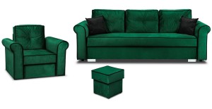 Zestaw wypoczynkowy do salonu Merida Sofa + Fotel z Podnóżkiem Ciemny Zielony
