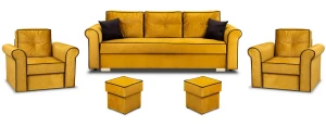 Zestaw wypoczynkowy do salonu Merida Sofa + 2 Fotele z Podnóżkami Żółty