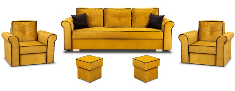 Zestaw wypoczynkowy do salonu Merida kanapa sofa z funkcją spania i dwa fotele z pojemnikiem oraz podnóżkami żółty - internetowy sklep meblowy Bird Meble