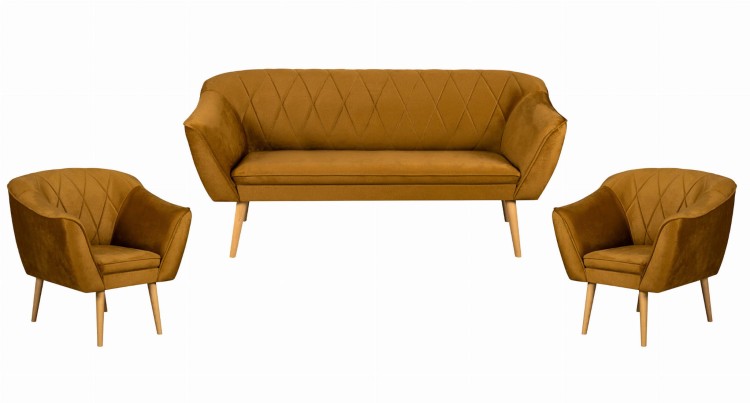 Komplet wypoczynkowy skandynawski sofa trzyosobowa 2 fotele Rosa złoty - internetowy sklep meblowy Bird Meble