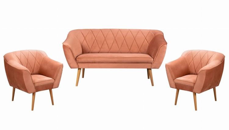 Zestaw wypoczynkowy skandynawski sofa dwuosobowa 2 fotele do salonu Rosa różowy- internetowy sklep meblowy Bird Meble