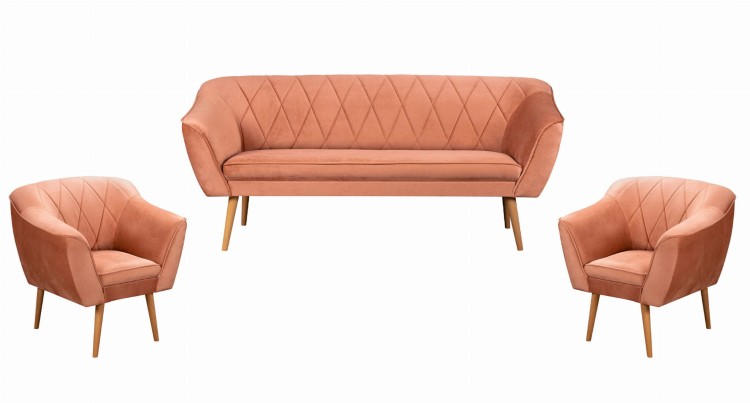 Komplet wypoczynkowy skandynawski sofa trzyosobowa 2 fotele Rosa różowy - internetowy sklep meblowy Bird Meble
