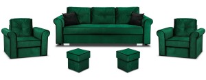 Zestaw wypoczynkowy do salonu Merida Sofa + 2 Fotele z Podnóżkami Ciemny Zielony