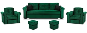Zestaw wypoczynkowy do salonu Merida Sofa + 2 Fotele z Podnóżkami Ciemny Zielony