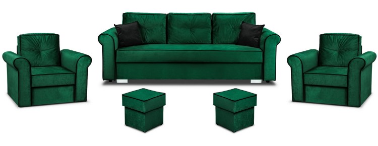 Zestaw wypoczynkowy do salonu Merida kanapa sofa z funkcją spania i dwa fotele z pojemnikiem oraz podnóżkami ciemny zielony - internetowy sklep meblowy Bird Meble
