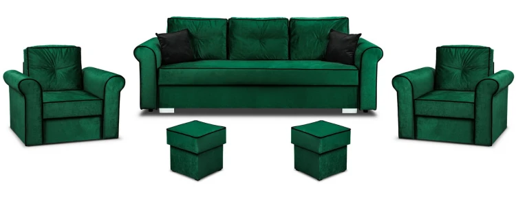 Zestaw wypoczynkowy do salonu Merida kanapa sofa z funkcją spania i dwa fotele z pojemnikiem oraz podnóżkami ciemny zielony - internetowy sklep meblowy Bird Meble