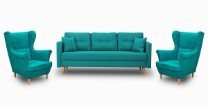 Komplet wypoczynkowy skandynawski do salonu sofa i 2 fotele Turkusowy
